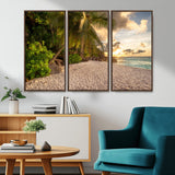89531159-MGV-FC-48X32-3P_Walnut-Tropical Beach Sunset Canvas Wall Art – Palm Trees Golden Sand Ocean Waves Coastal Paradise Print for Beach House Bedroom Bathroom