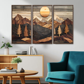 90044381-MGV-CV-36X24-Rustic Wall Art – Wooden Mountain Landscape with Sun and Pine Trees, Handcrafted Nature Canvas Style Decor for Bedroom, Living