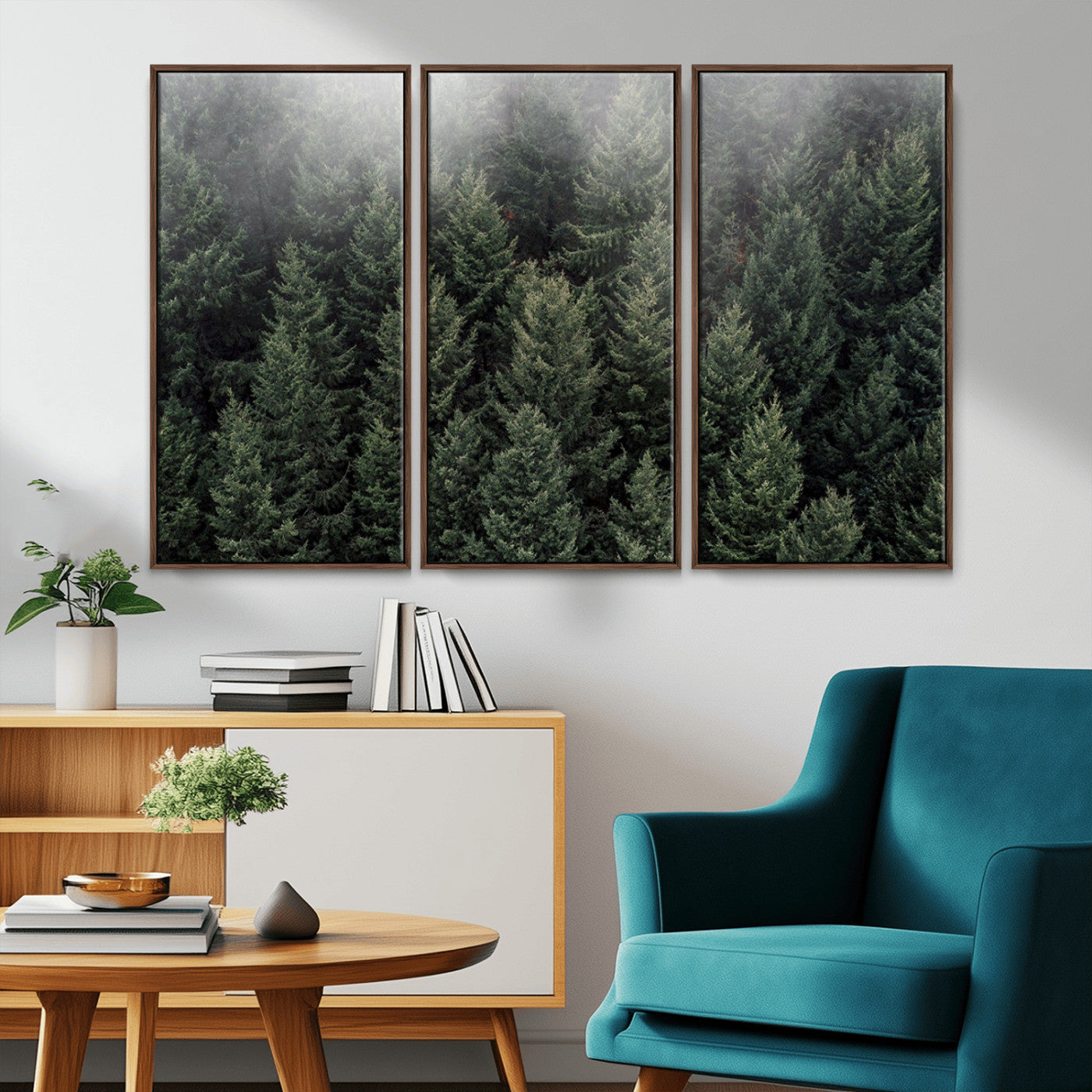 84059409-MGV-FC-48X32-3P_Walnut-Forest Wall Art – Misty Evergreen Trees Canvas Print, Tranquil Nature Photography Decor for Bedroom, Living Room, Office, Cabin or