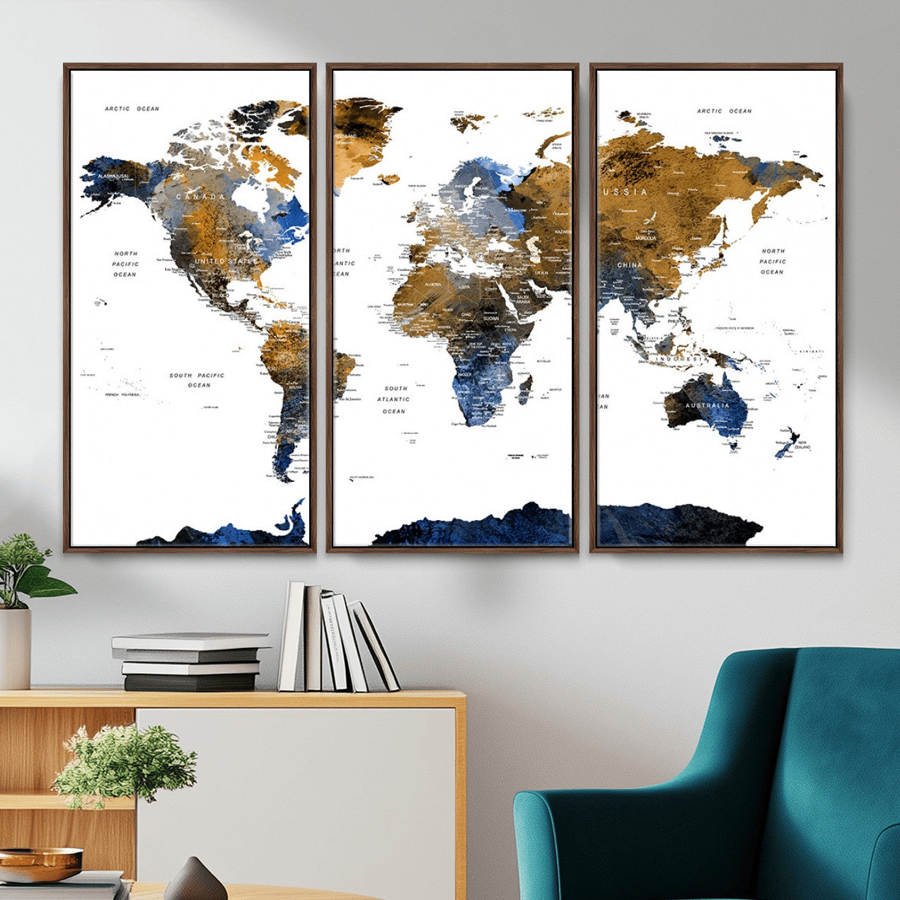 MGV-FC-48X32-3P - World Map Wall Art Canvas Print, Framed Blue Gold Map Art Picture Print, Rustic Atlas Perfect Rustic Modern Decor Artwork