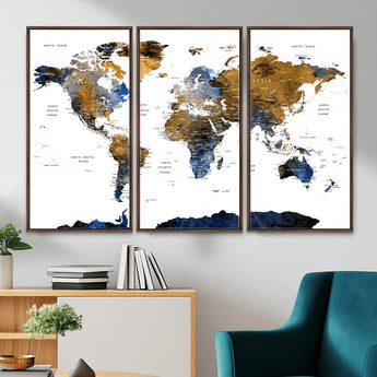 MGV-FC-48X32-3P - World Map Wall Art Canvas Print, Framed Blue Gold Map Art Picture Print, Rustic Atlas Perfect Rustic Modern Decor Artwork