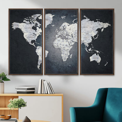 MGV-FC-48X32-3P - Monochrome World Map Wall Art Canvas Print, Framed Minimalist Map Art Picture Print, Modern Atlas Perfect Modern Minimalist Decor Artwork
