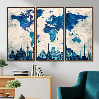 MGV-FC-48X32-3P - Blue World Map Wall Art Canvas Print, Framed Iconic Landmarks Art Picture Print, Blue Globe Map Perfect Elegant Explorer Decor Artwork