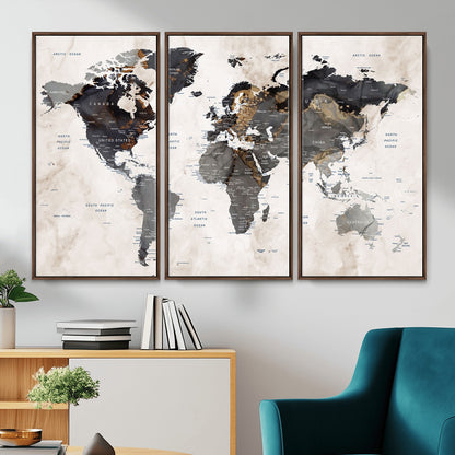 MGV-FC-48X32-3P - World Map Wall Art Canvas Print, Framed Rustic Map Art Picture Print, Antique Map Perfect Rustic Explorer Decor Artwork