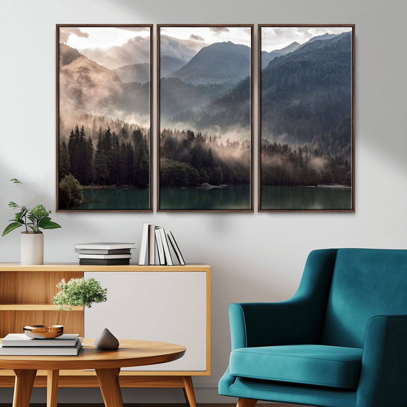 64758-MGV-CV-36X24-Misty Mountains Wall Art Canvas Print, Framed Moody Pines Art Picture Print, Forest Lake Perfect Moody Alpine Decor Artwork