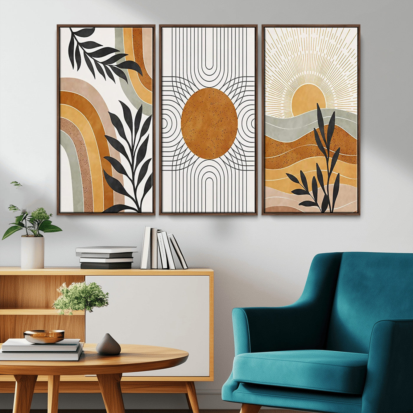 32359-MGV-CV-36X24-Modern Sun Wall Art Canvas Print, Framed Retro Horizon Art Picture Print, Sunburst Design Perfect Mid Century Boho Decor Artwork