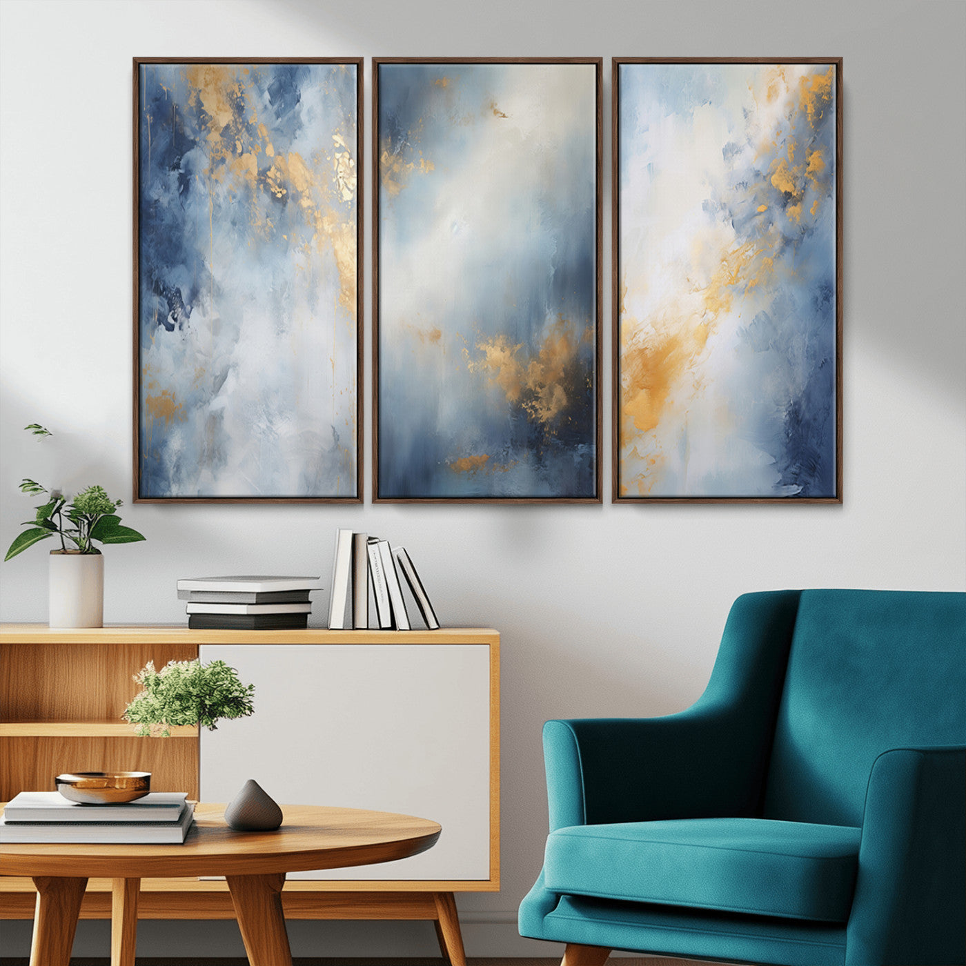 41836-MGV-CV-36X24-Abstract Gold Wall Art Canvas Print, Framed Blue Layers Art Picture Print, Elegant Cloud Perfect Elegant Minimalist Decor Artwork