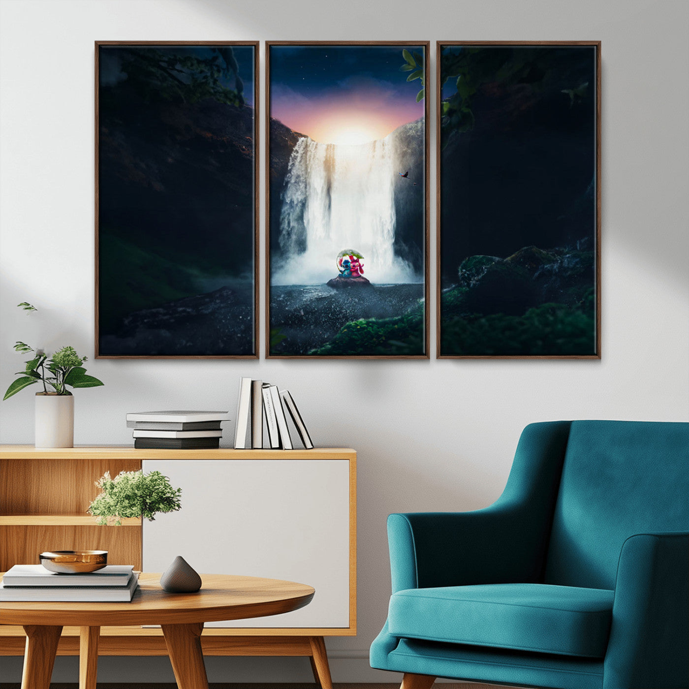 56359-MGV-CV-36X24-Lilo Stitch Wall Art Canvas Print, Framed Stitch Angel Art Picture Print, Cartoon Waterfall Perfect Tropical Fantasy Decor Artwork