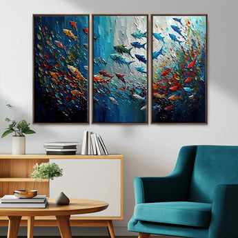 89626-MGV-CV-36X24-Fish Swarm Wall Art Canvas Print, Framed Abstract Ocean Art Picture Print, Underwater Life Perfect Vibrant Coastal Decor Artwork