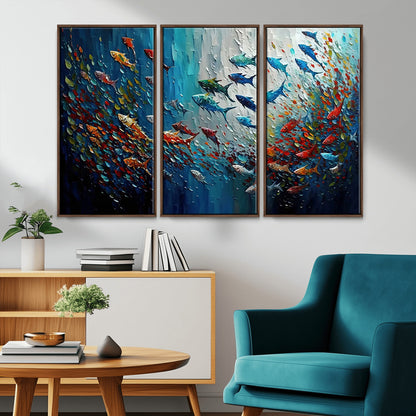 89626-MGV-CV-36X24-Fish Swarm Wall Art Canvas Print, Framed Abstract Ocean Art Picture Print, Underwater Life Perfect Vibrant Coastal Decor Artwork