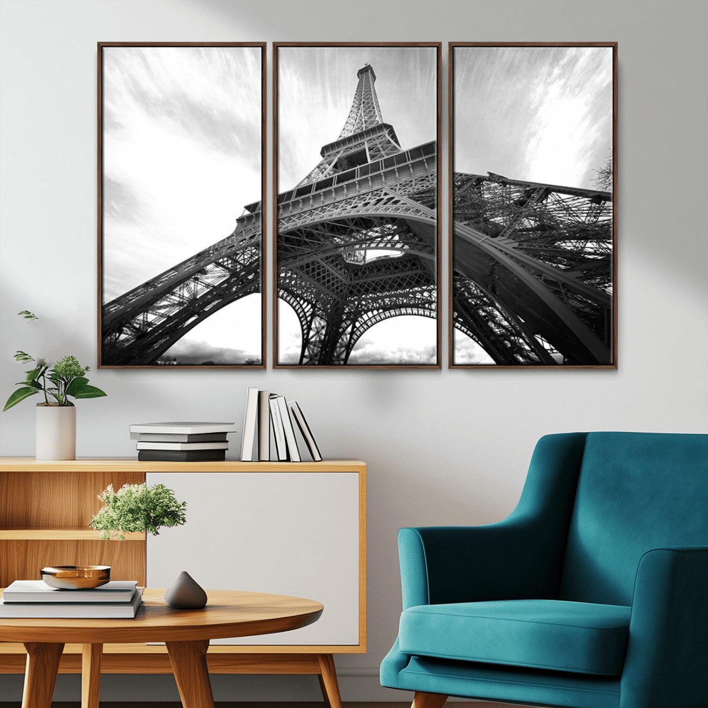 40006-MGV-FC-48X32-3P_Walnut-Eiffel Tower Wall Art – Black and White Architectural Photo Print, Paris Inspired Decor for Bedroom, Office, Studio or Modern