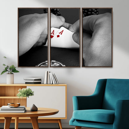 62460-MGV-CV-36X24-Poker Game Wall Art – Close Up of Hands Holding Aces with Chips, Casino Style Decor for Game Room, Man Cave or Office