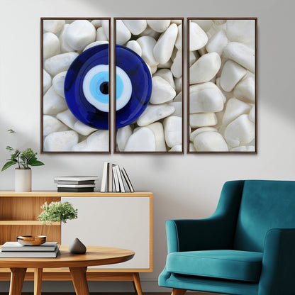 48883-MGV-CV-36X24-Evil Eye Wall Art – Deep Blue Symbol of Presence and Calm on White Stones, Subtle Spiritual Decor for Entryway, Studio, Office or