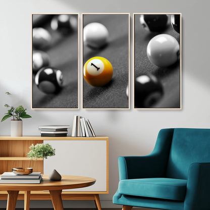 52108-MGV-CV-36X24-Precision Pool Table Wall Art – Close Up Yellow 1 Ball Canvas Print, Hand-Played Billiards Game Decor for Office, Game Room, or