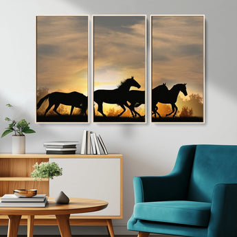 16620-MGV-CV-36X24-Sunset Stallions Wall Art – Silhouetted Horses Running Canvas Print, Nature’s Rhythm, Perfect for Living Room, Office, or Man Cave