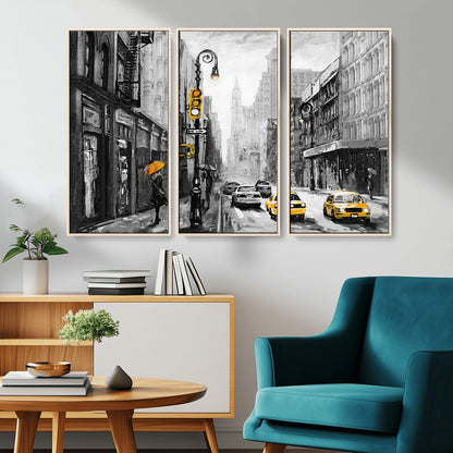 32362-MGV-CV-36X24-NYC Street Wall Art – Black and White Cityscape with Yellow Taxis and Umbrella Canvas Print, Urban Home Decor for Living Room or