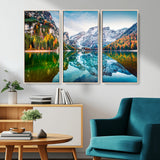 10402-MGV-CV-36X24-Snowy Mountain Lake Wall Art – Autumn Landscape Canvas Print with Reflection, Nature Decor for Living Room, Office, Bedroom or
