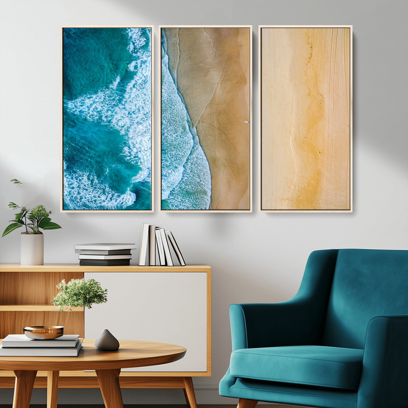 46640-MGV-CV-36X24-Aerial Beach Wall Art – Turquoise Waves and Golden Sand Canvas Print with Lone Surfer, Coastal Ocean Decor for Living Room,