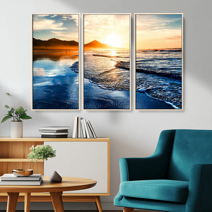 86173-MGV-CV-36X24-Golden Sunset Beach Wall Art – Reflective Ocean Canvas Print with Mountains and Waves, Coastal Nature Decor for Living Room,