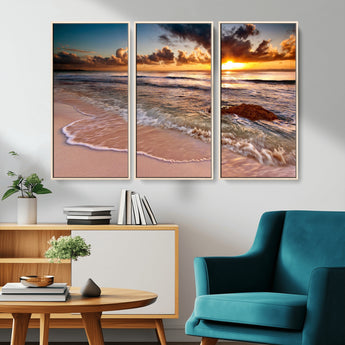 38302-MGV-FC-48X32-3P_Natural-Sunset Beach Wall Art – Stunning Ocean Waves and Rock Canvas Print, Warm Coastal Decor for Living Room, Bedroom, Office or Beach