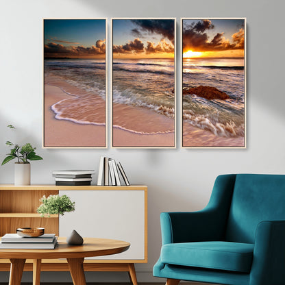 38302-MGV-FC-48X32-3P_Natural-Sunset Beach Wall Art – Stunning Ocean Waves and Rock Canvas Print, Warm Coastal Decor for Living Room, Bedroom, Office or Beach
