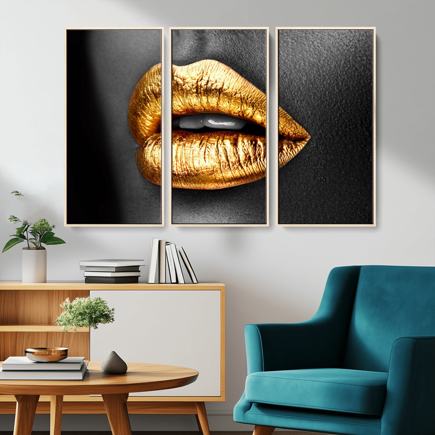 84747-MGV-CV-36X24-Golden Lips Black & White Portrait – Glamorous Metallic Lip Art Print, Modern Wall Decor for Bedroom, Beauty & Fashion Lover Gift