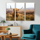 79391-MGV-CV-36X24-Majestic Highland Cow in Misty Scottish Moorland – Rustic Natural Charm, Perfect for Unique Home or Office Decor