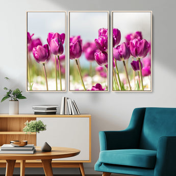 30632-MGV-CV-36X24-Purple Tulip Field Wall Art – Beautiful Spring Flowers Canvas Print with Soft Focus and Bright Sky, Ideal Floral Decor for Home or