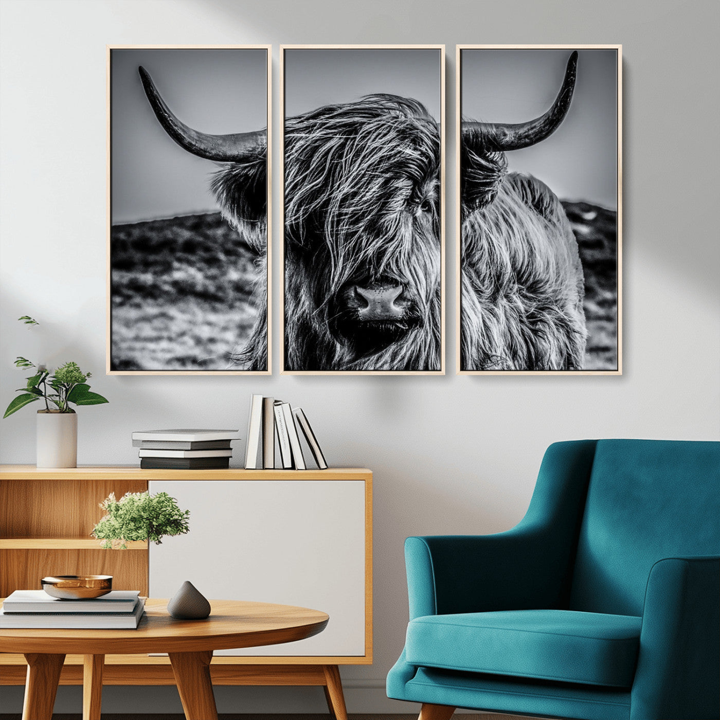 97372-MGV-FC-48X32-3P_Natural-Elegant Highland Cow Wall Art – Black and White Canvas Print, Rustic Nature Decor for Home, Office, Living Room or Man Cave