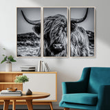 97372-MGV-FC-48X32-3P_Natural-Elegant Highland Cow Wall Art – Black and White Canvas Print, Rustic Nature Decor for Home, Office, Living Room or Man Cave