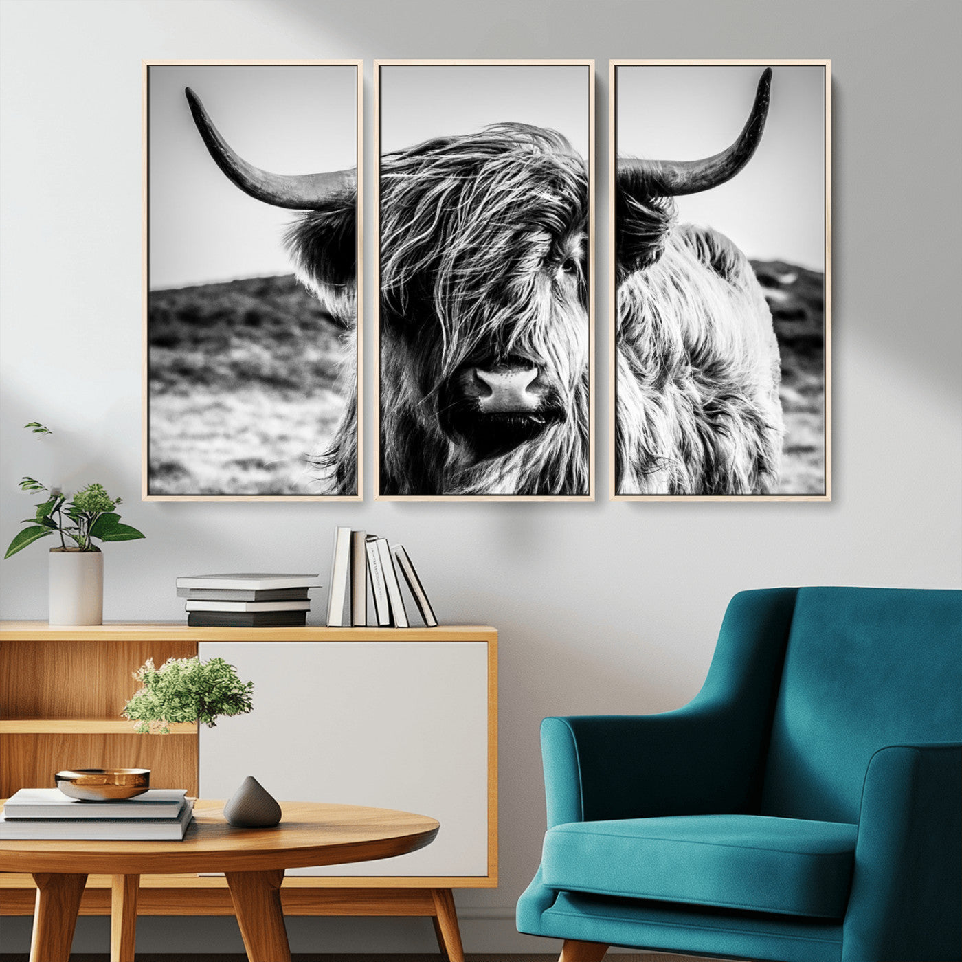 36979-MGV-CV-36X24-Striking black-and-white portrait of a Highland cow with flowing fur and majestic horns, perfect for rustic and elegant home or