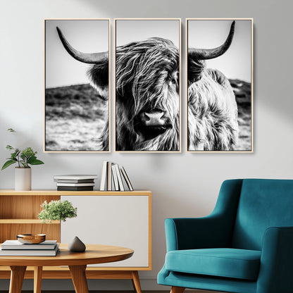 36979-MGV-CV-36X24-Striking black-and-white portrait of a Highland cow with flowing fur and majestic horns, perfect for rustic and elegant home or