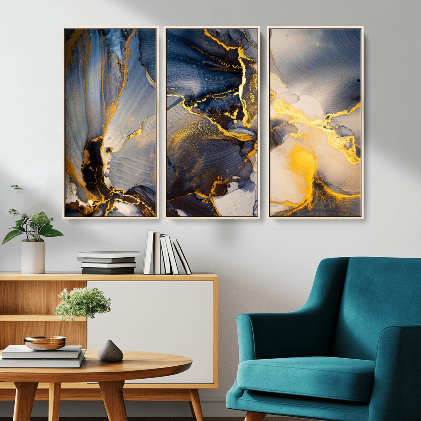 42100-MGV-CV-36X24-Golden Flow Abstract Wall Art – Panoramic Modern Blue and Gold Canvas Print, Contemporary Artistic Decor for Home, Office