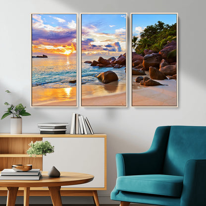 43209-MGV-CV-36X24-Tropical Beach Sunset Wall Art – Golden Ocean Waves and Palm Trees with Rocky Shore Canvas Print, Coastal Seascape Decor for