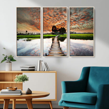 29105-MGV-CV-36X24-Rustic Wooden Bridge Wall Art – Scenic Sunset Over Rice Fields and Reflective Water Canvas Print, Nature Landscape Decor for
