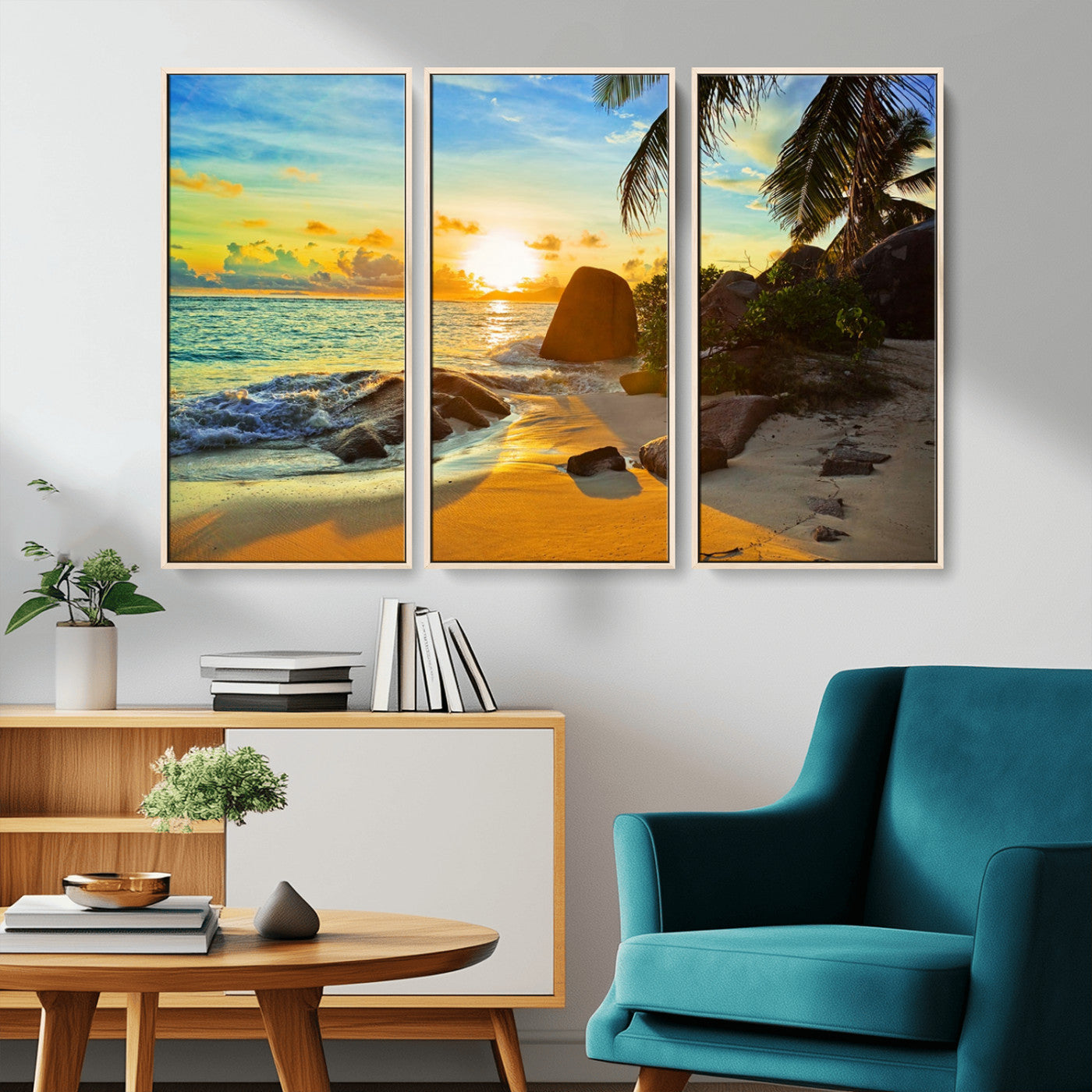 26181-MGV-CV-36X24-Golden Tropical Sunset Beach Wall Art – Ocean Canvas Print with Palm Trees and Rocks, Coastal Paradise Decor for Living Room or