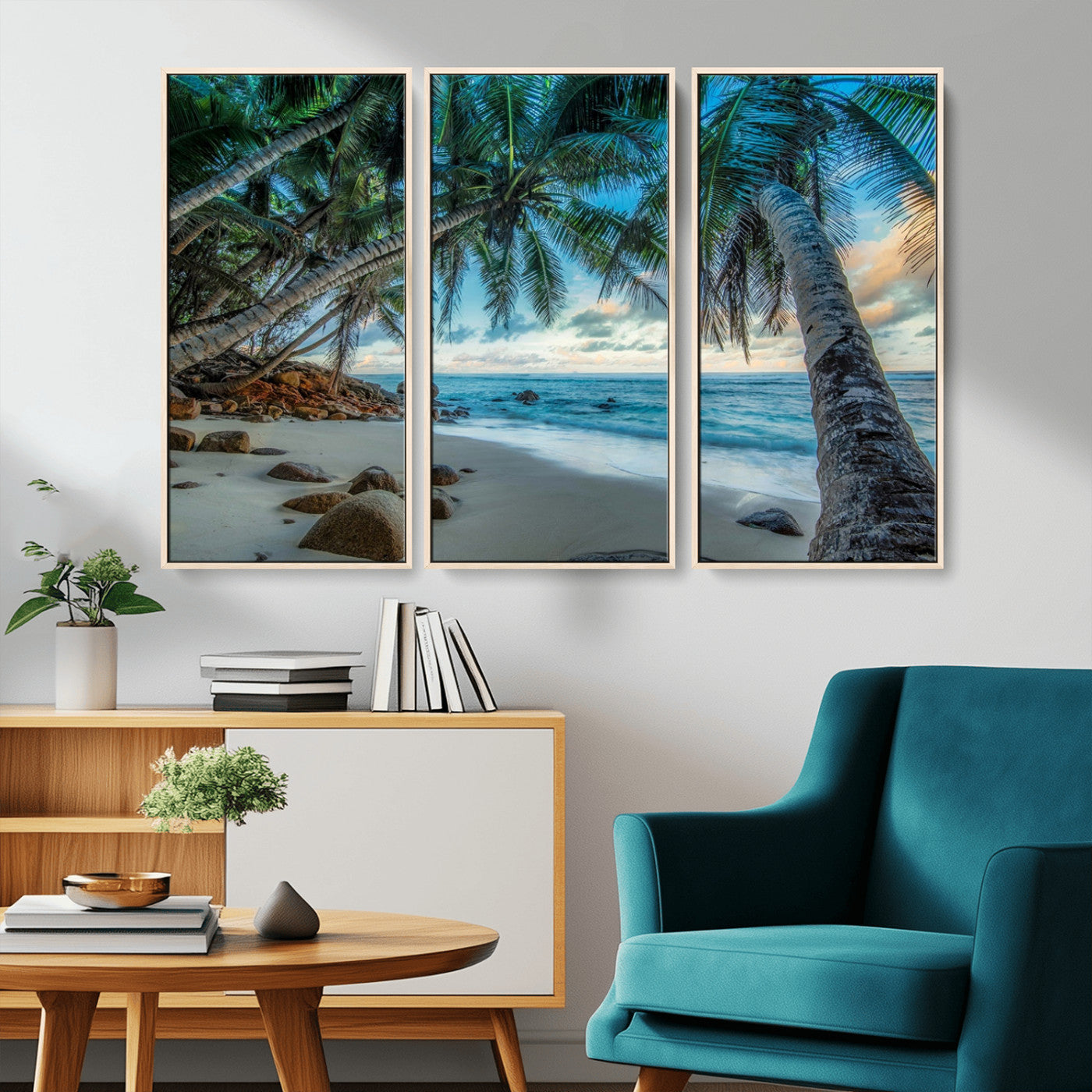 39679-MGV-CV-36X24-Tropical Palm Beach Wall Art – Serene Ocean Canvas Print with Palm Trees and Rocks, Coastal Paradise Decor for Living Room or