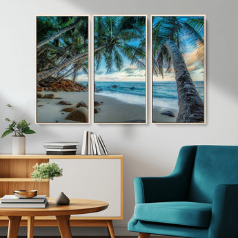 39679-MGV-CV-36X24-Tropical Palm Beach Wall Art – Serene Ocean Canvas Print with Palm Trees and Rocks, Coastal Paradise Decor for Living Room or