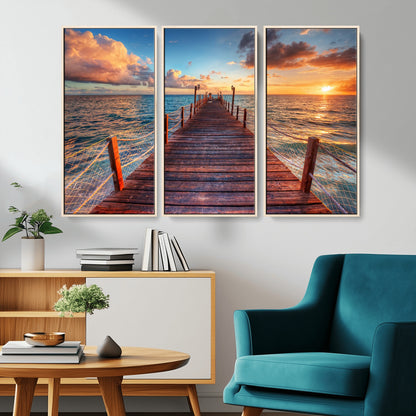 28836-MGV-CV-36X24-Ocean Pier Sunset Wall Art – Wooden Dock and Golden Horizon Canvas Print, Coastal Seascape Photography for Living Room, Bedroom,