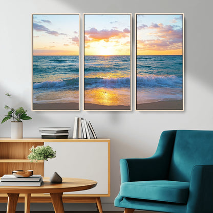 78006-MGV-CV-36X24-Golden Sunrise Ocean Wall Art – Panoramic Beach Waves Canvas Print, Coastal Seascape Artwork for Living Room, Bedroom, Office, or