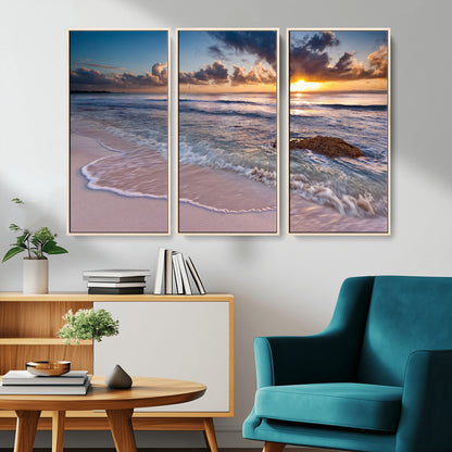 94906-MGV-CV-36X24-Sunrise Beach Wall Art – Panoramic Ocean Waves Canvas Print, Coastal Sunset Seascape Artwork for Living Room, Bedroom, or Office