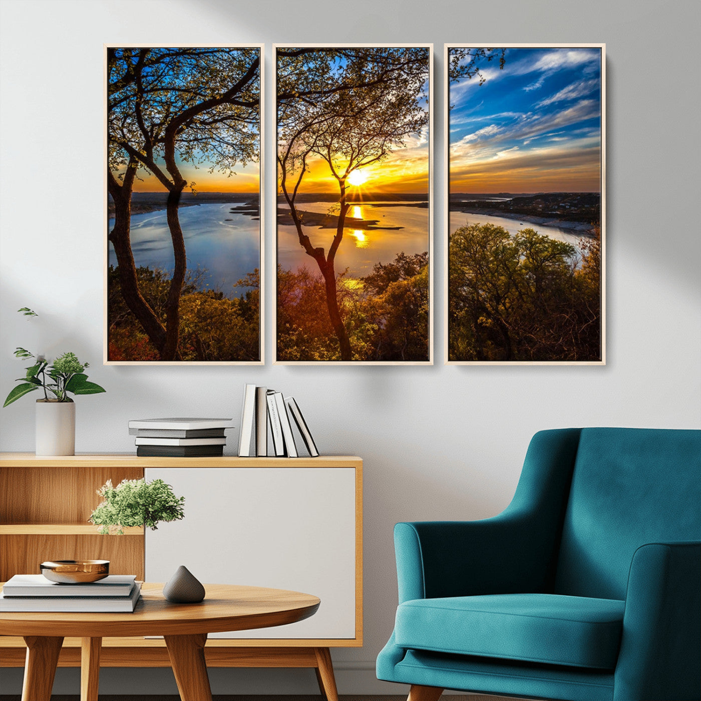 71863-MGV-FC-48X32-3P_Natural-Lake Sunset Wall Art – Scenic Nature Canvas Print with Trees and Golden Sky, Serene Landscape Decor for Living Room, Bedroom or