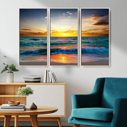 50627-MGV-CV-36X24-Ocean Sunset Wall Art – Serene Beach Canvas Print with Waves and Golden Sky, Coastal Decor for Living Room or Office
