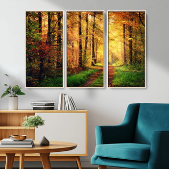 73494-MGV-CV-36X24-Golden Autumn Forest Path Wall Art – Sunlit Woodland Canvas Print, Fall Nature Landscape Home Decoration