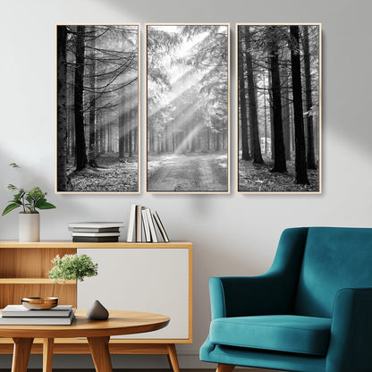 39665-MGV-CV-36X24-Black and White Forest Path Wall Art – Sunlight Rays in Trees Canvas Print, Nature Landscape Decor for Living Room or Office