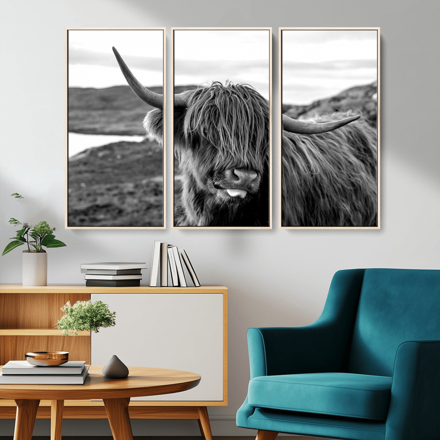 83810-MGV-CV-36X24-Highland Cow Wall Art – Black and White Highland Cattle Print, Rustic Farmhouse Animal Decor for Living Room