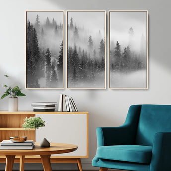57235-MGV-CV-36X24-Misty Pine Forest Wall Art – Black and White Mountain Landscape Canvas Print, Nature Woodland Decor for Living Room, Bedroom or