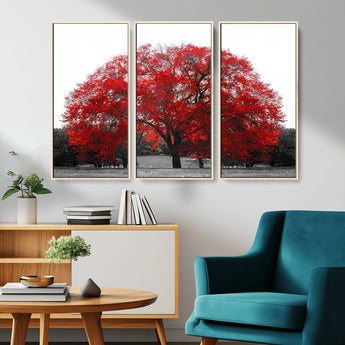 80021-MGV-CV-36X24-Red Tree Wall Art – Striking Black and White Landscape Canvas Print with Vibrant Red Leaves, Modern Nature Decor for Living Room
