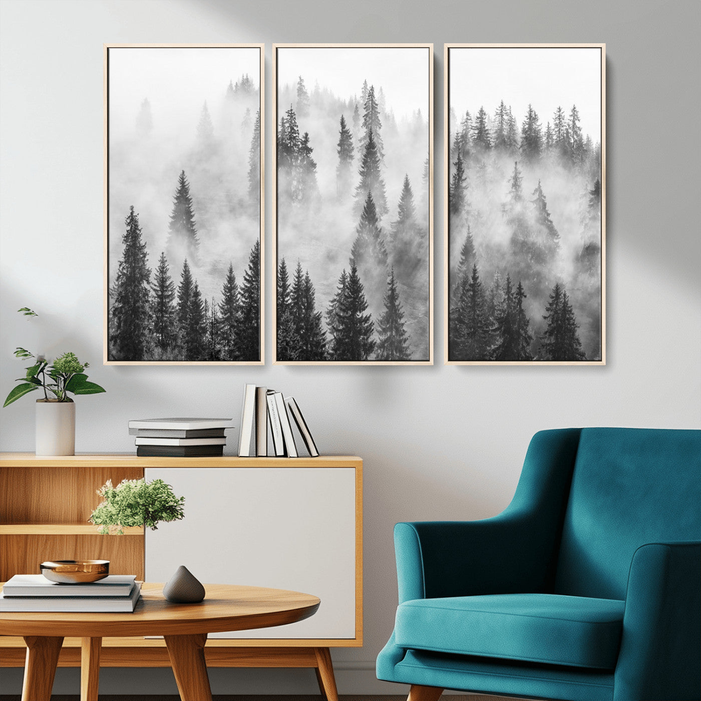 10422-MGV-CV-36X24-Misty Pine Forest Wall Art – Black and White Foggy Landscape Canvas Print, Serene Nature Woodland Decor for Bedroom, Office or