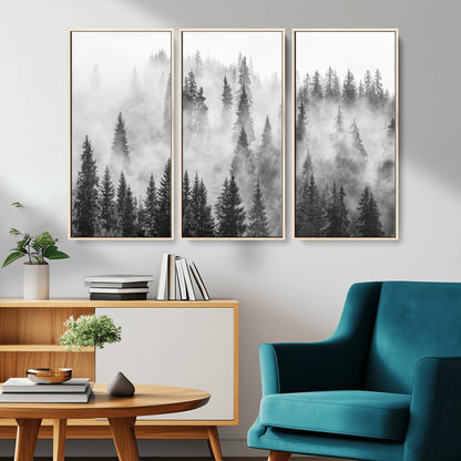 10422-MGV-CV-36X24-Misty Pine Forest Wall Art – Black and White Foggy Landscape Canvas Print, Serene Nature Woodland Decor for Bedroom, Office or